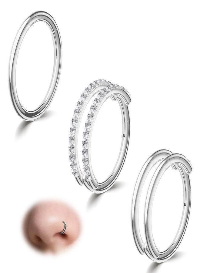 davka 3pcs Silver Nose Rings Hoops - Double Hoop Nose Ring 18G Hinged CZ Piercing Jewelry Septum Clicker Rings Cartilage Earring Rook Tragus Daith - Image 1